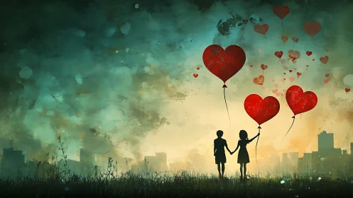 Two hearts soaring through emerald skies on crimson balloon strings