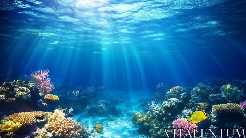 Sunlit coral kingdom and a lone yellow wanderer fish.