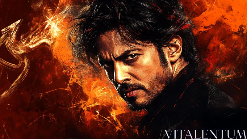 Male digital portrait framed by dynamic orange flare patterns