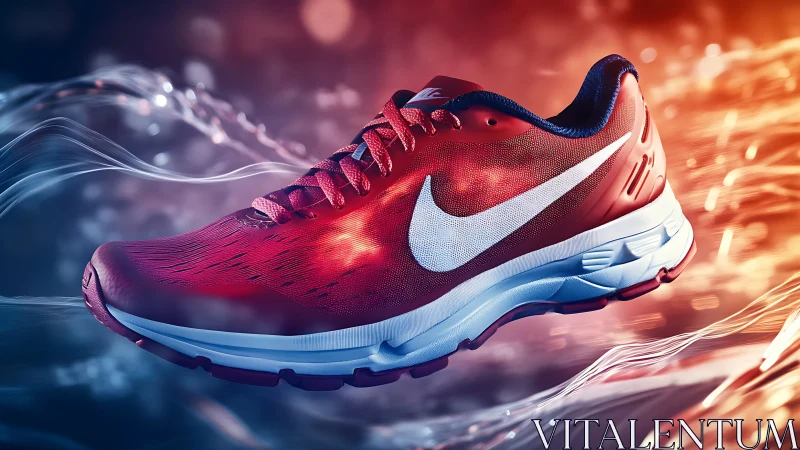 Red running shoe floats over dynamic light streaks