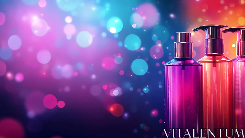 Colorful pump bottles glow softly against dreamy bokeh lights