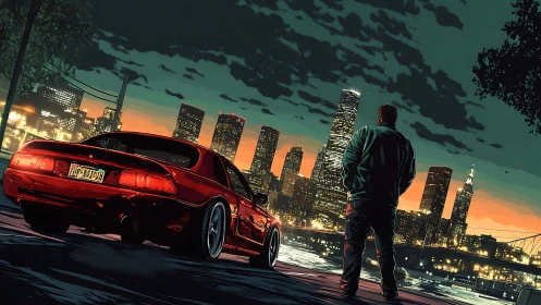Man and red sports car overlook illuminated city skyline