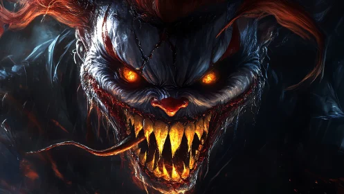 Infernal clown lunges from darkness with molten grin.
