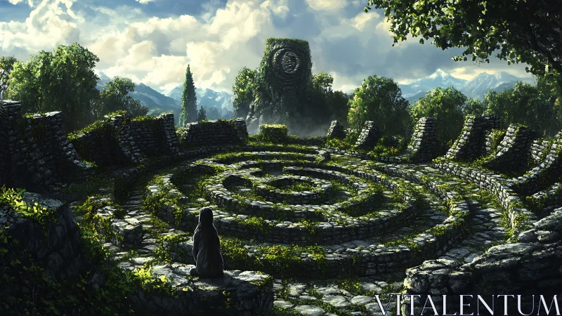 Cloaked figure in overgrown stone labyrinth with monolith.