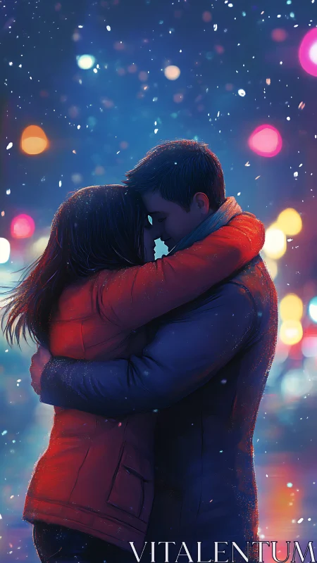 Snowy Winter Embrace Under Neon Lights.