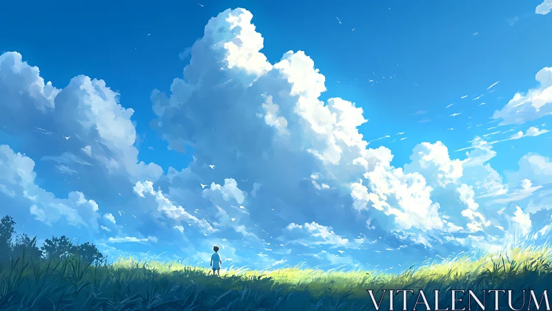 Vast summer sky towering above solitary child in field.