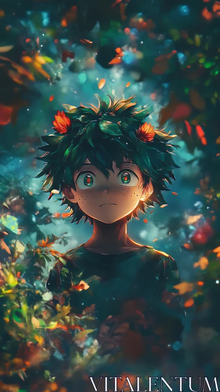 Bioluminescent forest portrait of freckled anime youth.