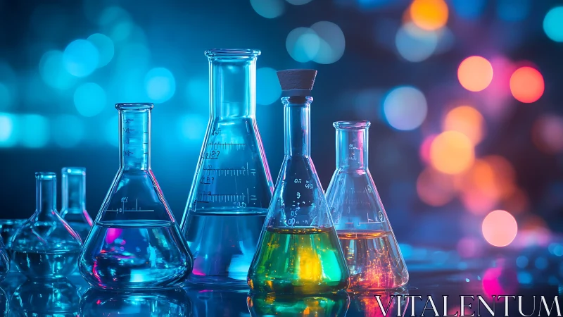 Chemistry glassware aligned against neon bokeh laboratory lights