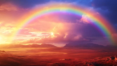 Spectral rainbow arc over sunlit desert plain with volumetric clouds