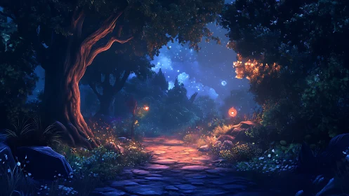 Enchanted Forest Path with Bioluminescent Elements.