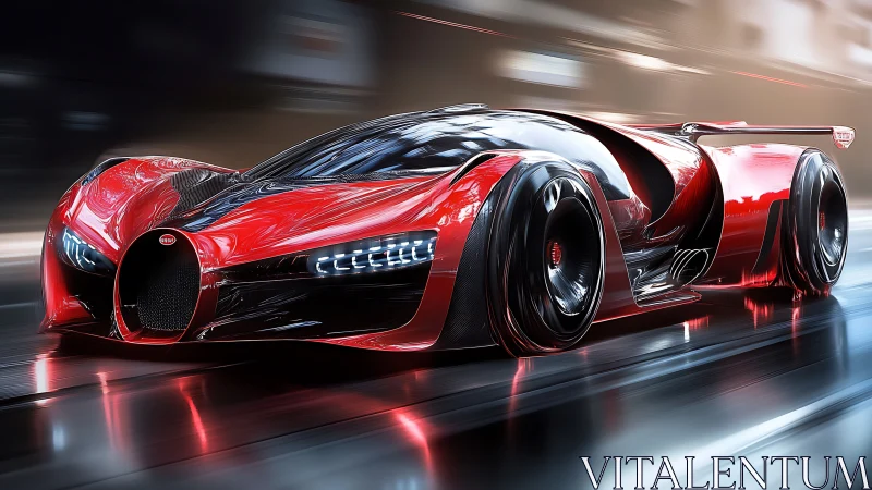 Futuristic red hypercar on wet urban roadway at speed.