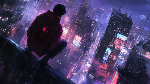 Lone vigilante surveys neon-soaked cyberpunk skyline at night