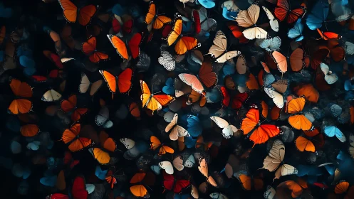 Chromatic butterfly swarm in high-contrast atmospheric field.