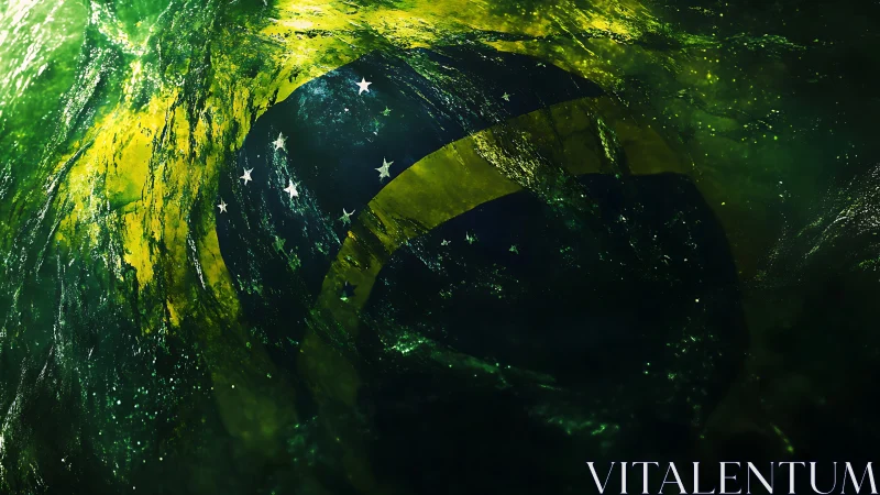 Digital abstraction of Brazilian flag in liquid chroma field.