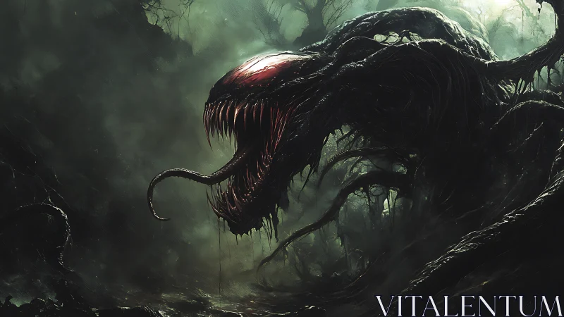 Nightmarish fanged creature emerging in dark swamp mist.