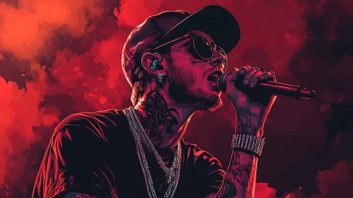 Dynamic rapper silhouette in vivid red concert spotlight.