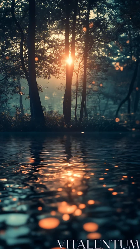 Golden Sunrise Through Forest Trees Over Water