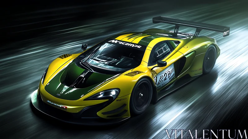 Racing comet of green and gold slices neon-soaked tarmac clean