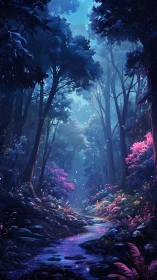 Enchanted Forest Stream Glowing with Mystical Blue and Pink Light