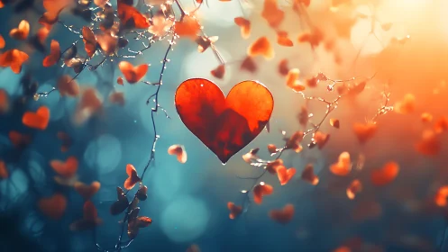 Radiant red heart suspended among floating petals and bokeh lights.