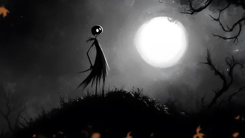 Moonlit skeletal figure on hill in monochrome mist.