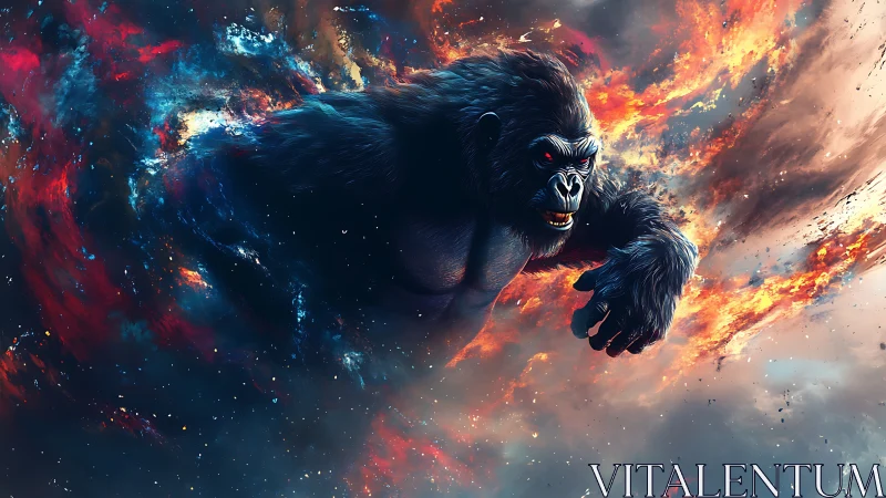 Cosmic gorilla erupts through nebulae in roaring starlight.