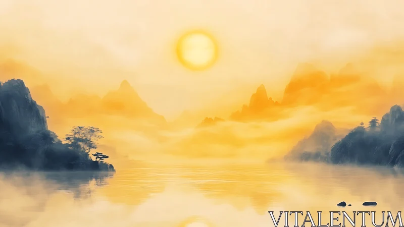 Golden mist sunrise over tranquil ink-washed mountain lake.