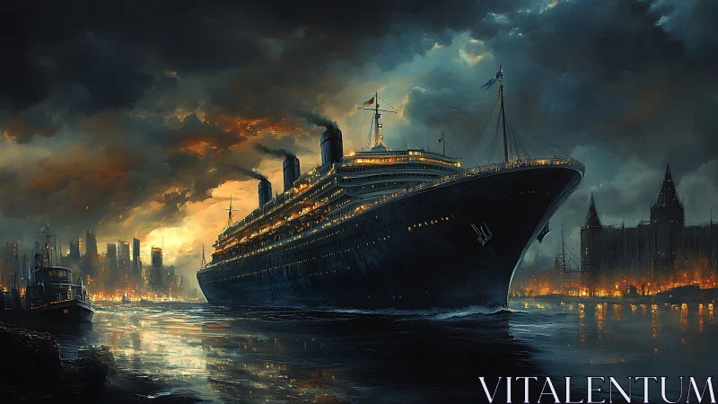 Grand ocean liner departs a stormy, firelit harbor at dusk.