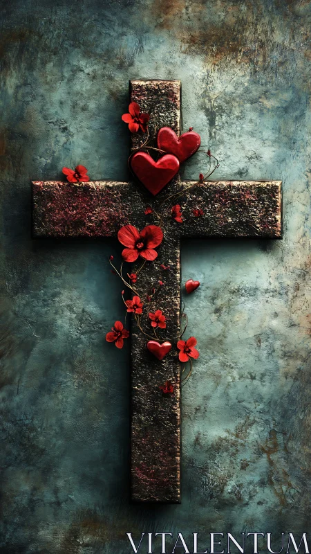 Rustic cross with crimson hearts and flowers glows softly