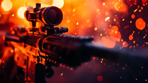 Rifle Scope's Fiery Vigil: Precision Bathed in Molten Glow.