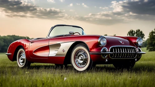 Red vintage convertible parked on grass at sunset period.