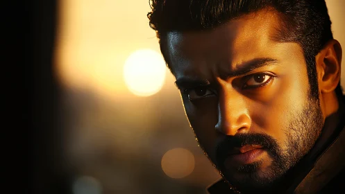 Intense bearded man in dramatic sunset side lighting portrait.