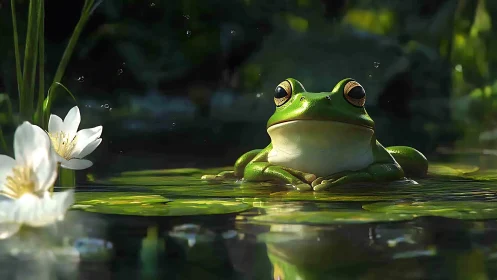 Green tree frog resting on lily pad in sunlit pond environment