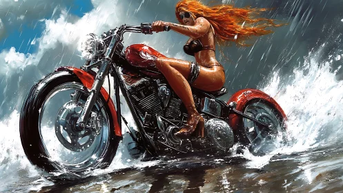 Fearless redhead rider powering through stormy ocean spray.
