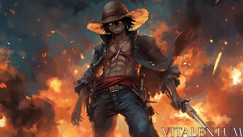 Straw‑hatted rogue amid blazing inferno with dynamic lighting.