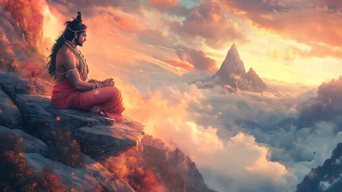 Meditating sage overlooks fiery clouds above sacred peaks
