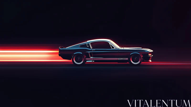 Classic muscle car racing through neon night streets.