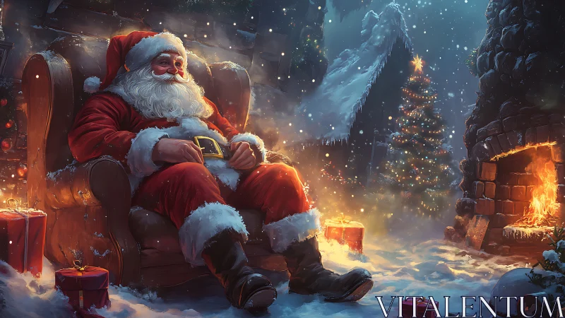 Cozy Santa rests by the fire in a peaceful snowy courtyard