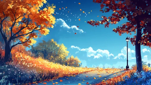 Autumnal tree-lined pathway under saturated cobalt skyscape.