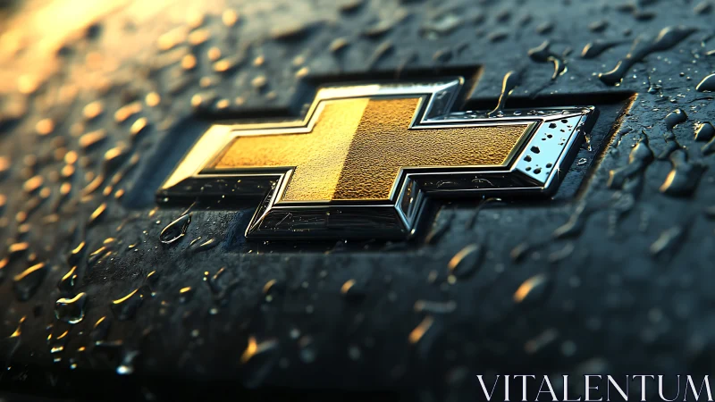 Golden car emblem gleams through rain-soaked twilight gloss.