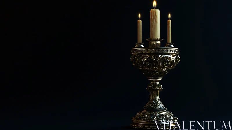 Ornate golden candelabrum with three candles in darkness.