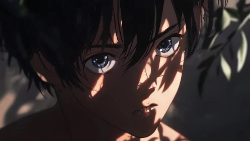 Anime close-up portrait with dappled leaf-shadow lighting design.