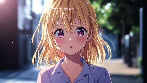 Backlit blonde anime girl with bokeh city street background