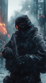 Cyberpunk tactical operative in snowbound neon corridor.