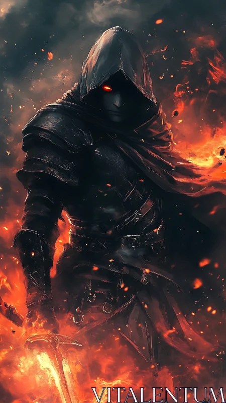 Hooded armored figure stands in flames holding glowing sword