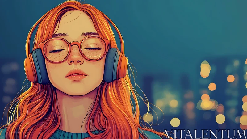 Red-haired girl in headphones drifts into city night calm.