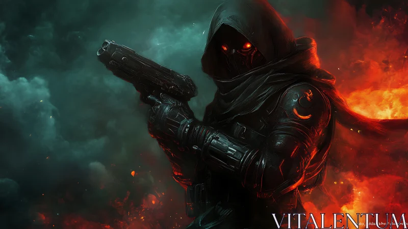 Armored hooded gunman emerges from infernal cybernetic storm