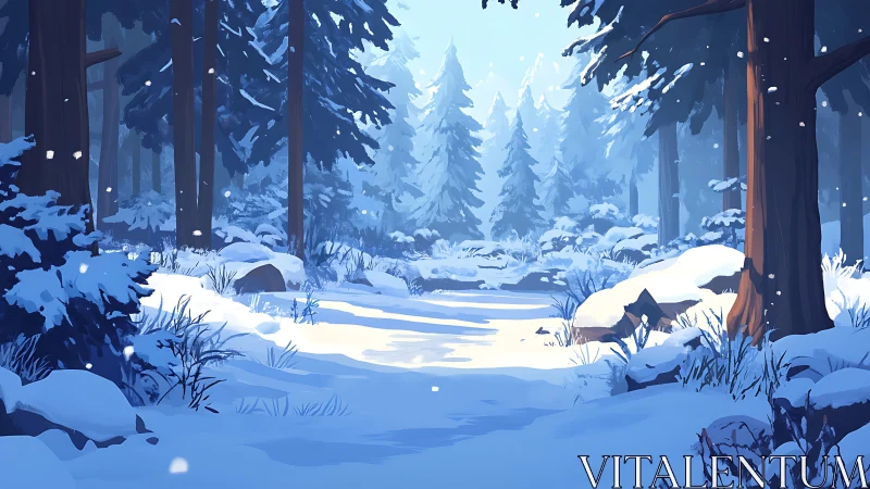 Winter forest landscape with snow and frozen stream.