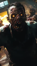 Glowing-eyed zombie lunges forward inside burning facility
