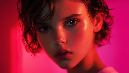 Neon portrait highlights glossy skin under vivid pink light.